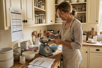 Femme en cuisine consultant un tableau de conversion de poids en kilogrammes sur une balance mécanique vintage