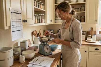 Femme en cuisine consultant un tableau de conversion de poids en kilogrammes sur une balance mécanique vintage