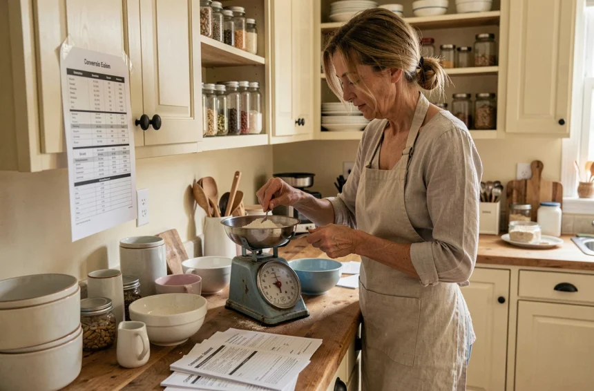 Femme en cuisine consultant un tableau de conversion de poids en kilogrammes sur une balance mécanique vintage