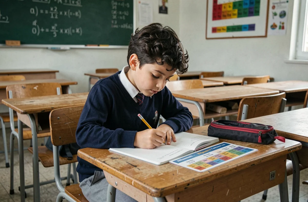 Écolier consultant un tableau de conversion kilogrammes posé sur son bureau en classe