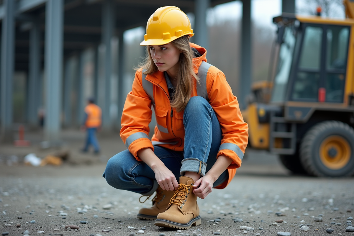 Jeune technicienne en extérieur ajustant ses bottes de sécurité