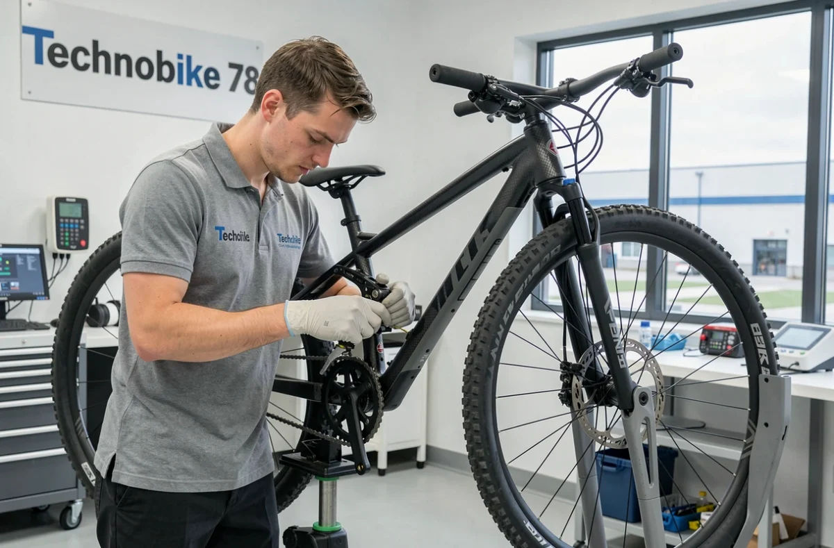 Technicien de Technobike 78 travaillant sur les freins à disque hydrauliques d'un VTT haut de gamme