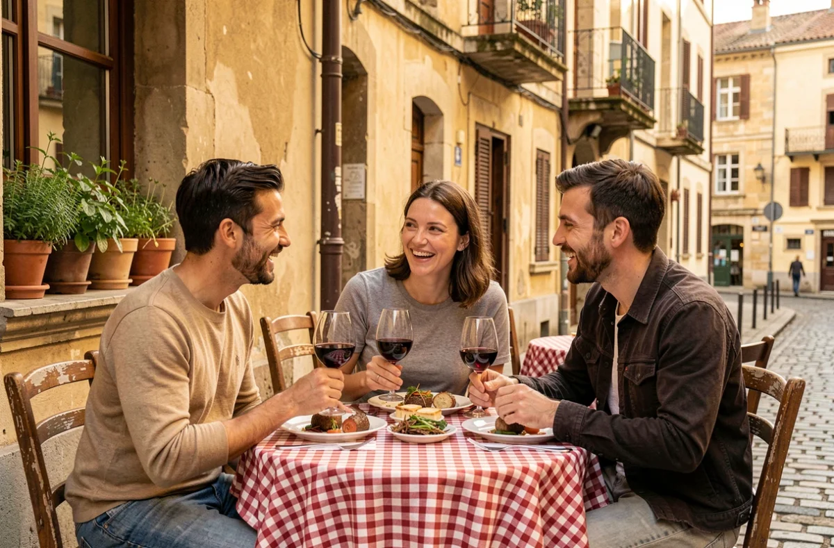 Groupe d'amis attablés en terrasse d'un bouchon lyonnais dans le Vieux-Lyon un week-end ensoleillé