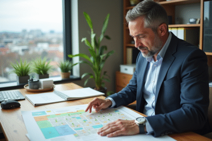 Urbaniste étudiant une carte de zonage en bureau moderne