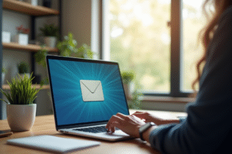 Personne utilisant un ordinateur portable moderne à un bureau propre