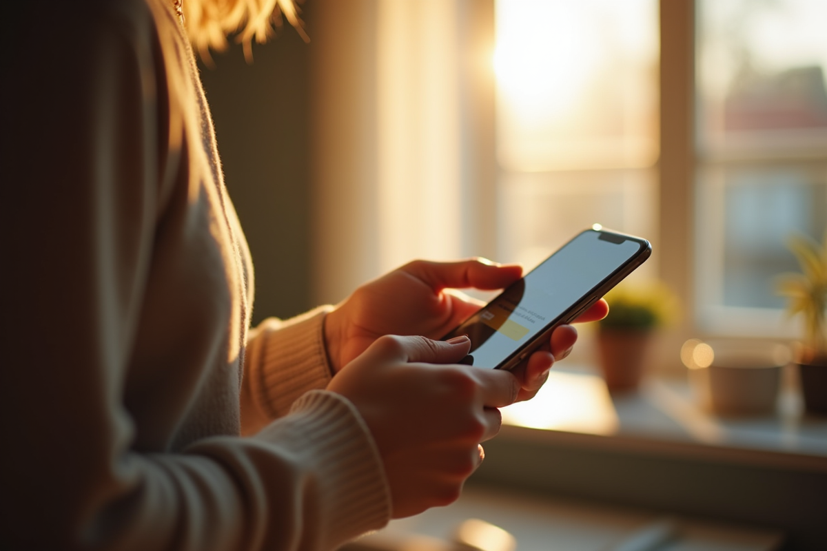 Mains utilisant une application bancaire sur smartphone à la maison