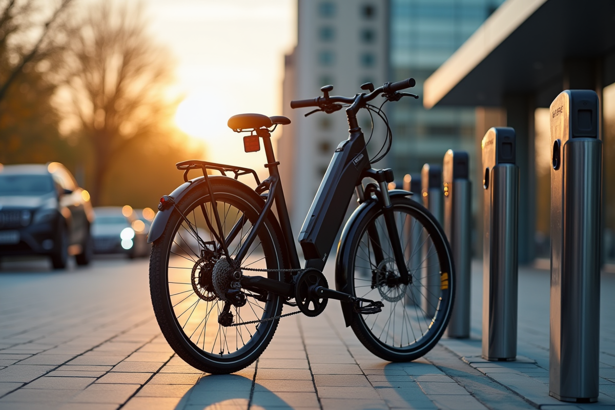 Vélo électrique garé devant un bureau moderne au coucher du soleil