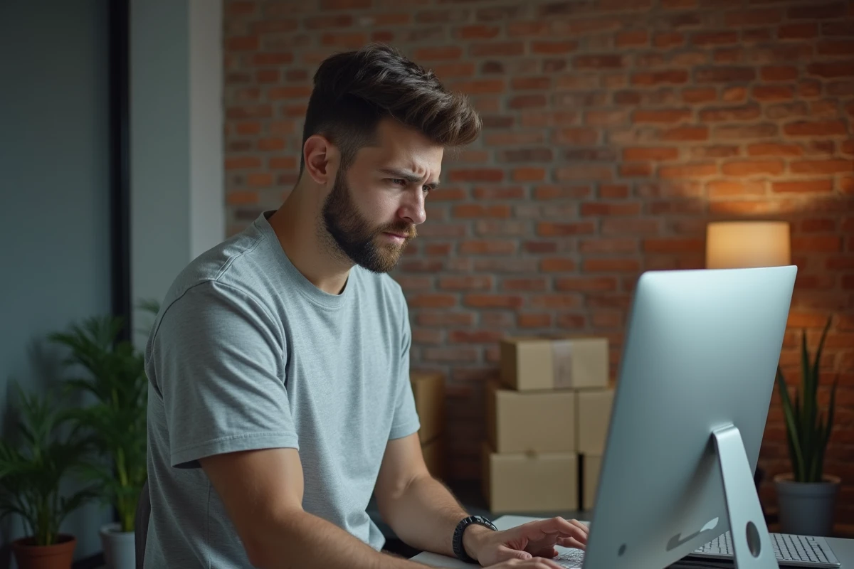 Vendeur en ligne face à son tableau de bord Tovaraf, analysant les erreurs courantes de démarrage sur la plateforme