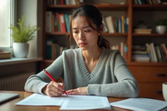 Femme vérifiant des règles de grammaire française sur une feuille imprimée avec un stylo rouge, dans un bureau à domicile chaleureux