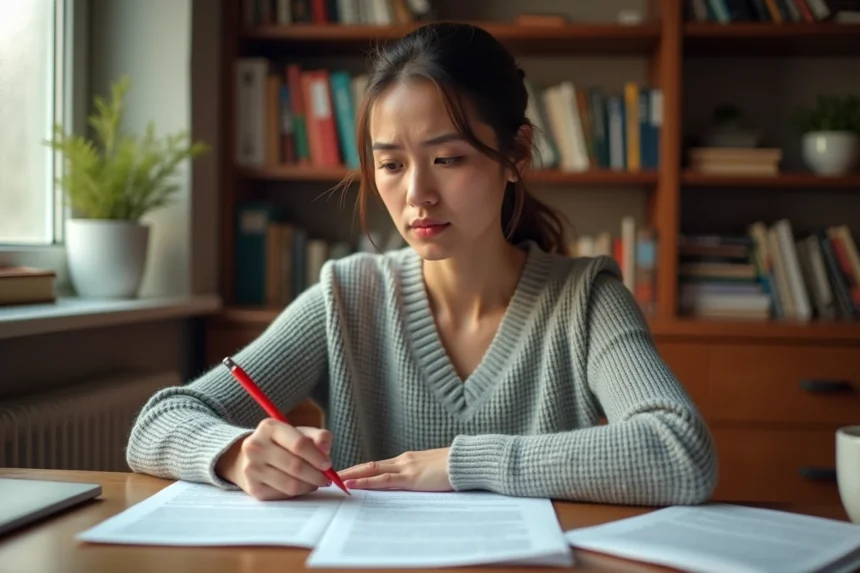 Femme vérifiant des règles de grammaire française sur une feuille imprimée avec un stylo rouge, dans un bureau à domicile chaleureux