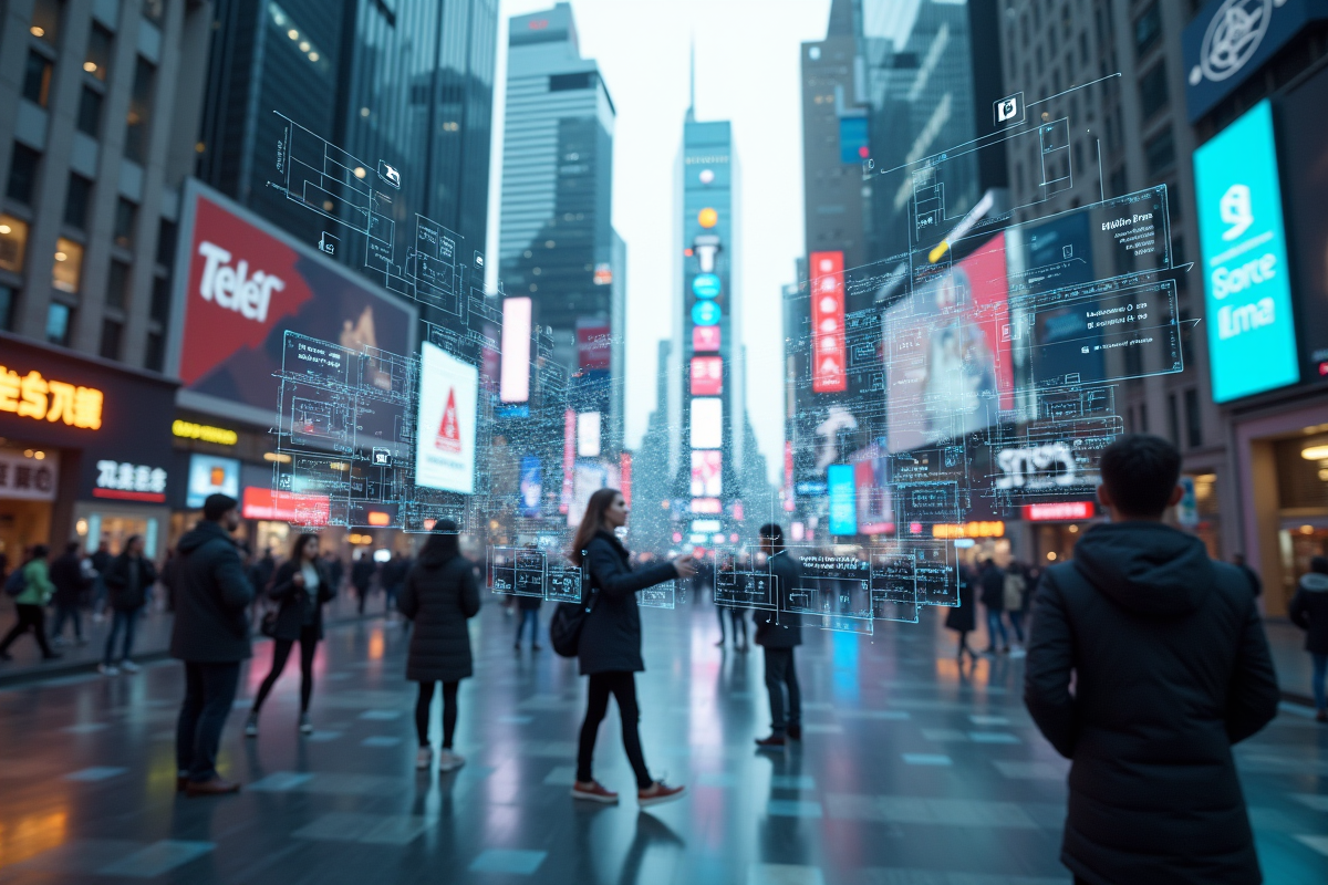 Rue animée en 2025 avec interfaces de réalité augmentée en ville