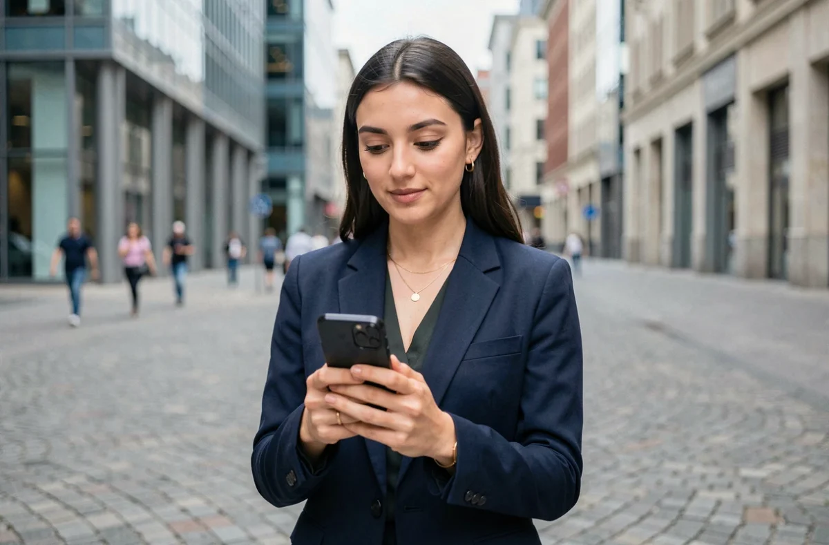 Jeune femme consultant son smartphone dans un environnement urbain, symbolisant la visibilité en ligne et l'image publique