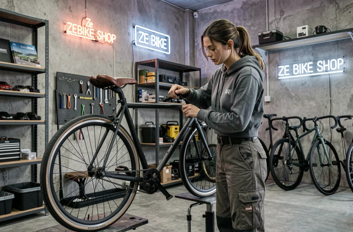 Mécanicienne de Ze Bike Shop installant une nouvelle selle sur un vélo fixie dans une boutique au style industriel